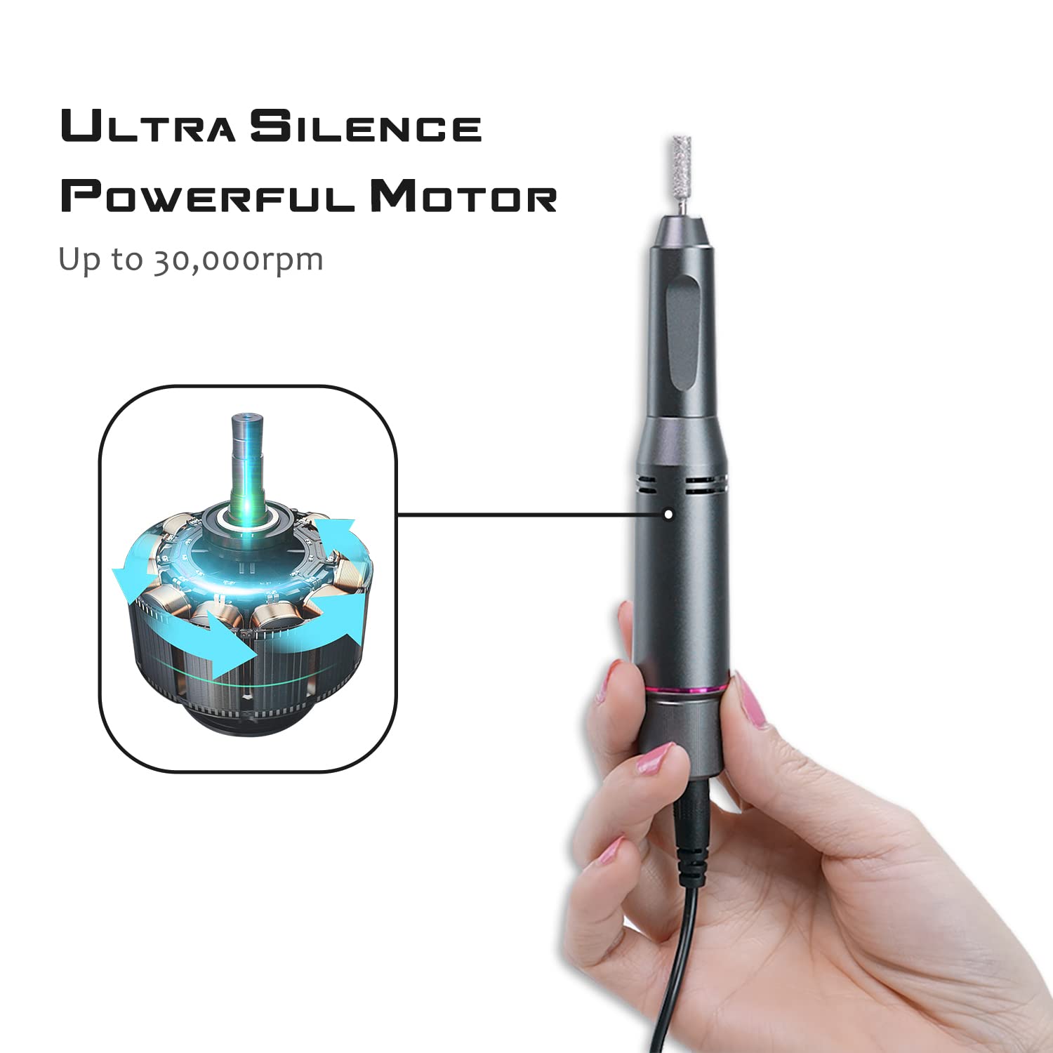 Fuegobird Electric Nail Drill Kit, Portable USB Nail File Tool for Acrylic Gel Nails, Professional Manicure Pedicure Efile Machine for Home and Salon, 30000 RPM with LCD Display Control - Image 4